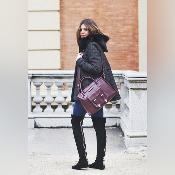 Maje 36 S Duffle Coat Wool Coyote Fur Collar Trim Jacket Black Tweed Buckle $745 - Picture 11 of 13